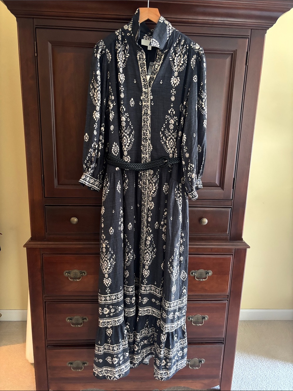 Black and White Bohemian Maxi Dress with Belt